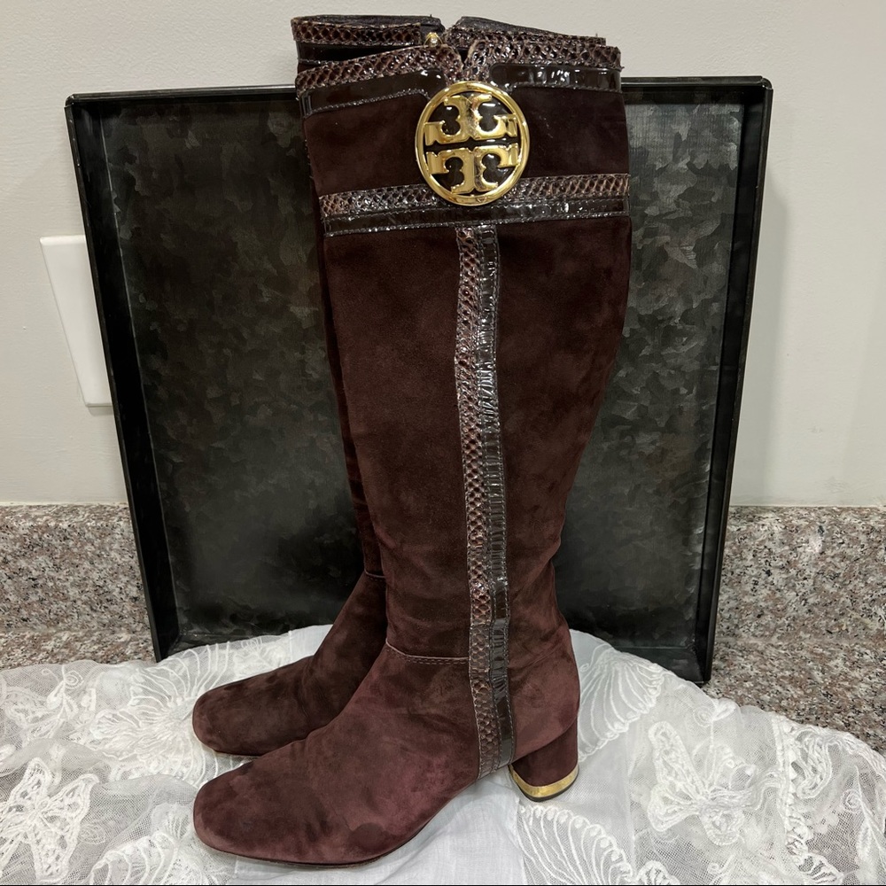 Tory Burch Uma Brown Genuine Suede Knee High Full Zip Croc Trim Riding Boots